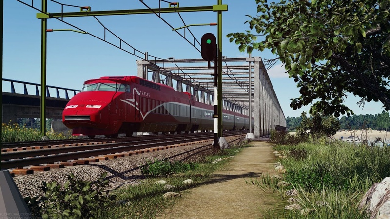 Transport Fever. Creating staged screenshot, 2: TGV Thalys crossing the bridge